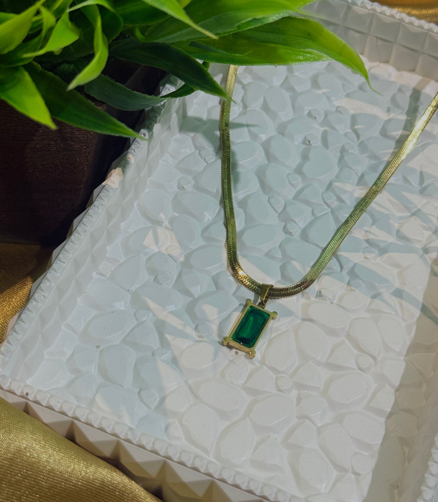 Antitarnised emerald-style rectangular pendant with snake chain