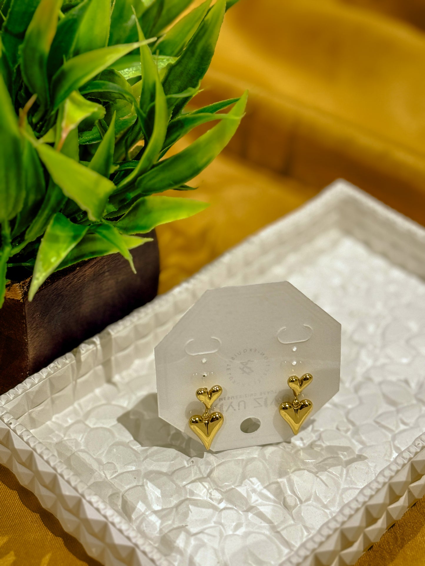 Gold plated double heart drop earings